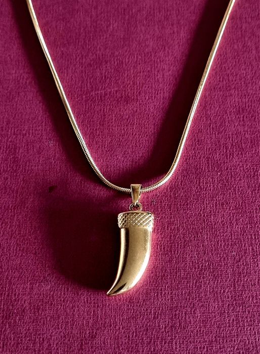 Colar dourado, em aço, com pingente em forma de corno.