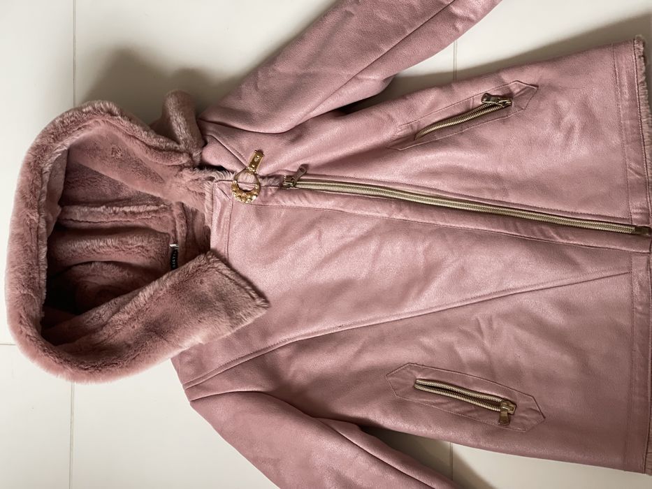 Женская дубленка р 46 розовая пепельная пальто зимняя куртка