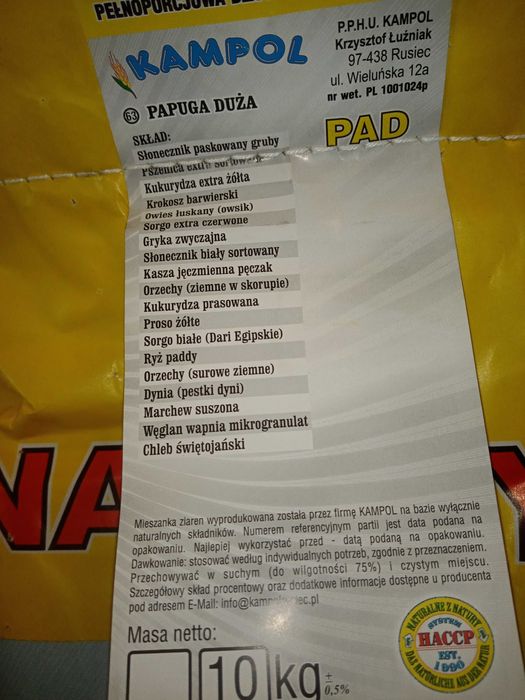 Karma dla Papug Dużych 10 kg Kampol