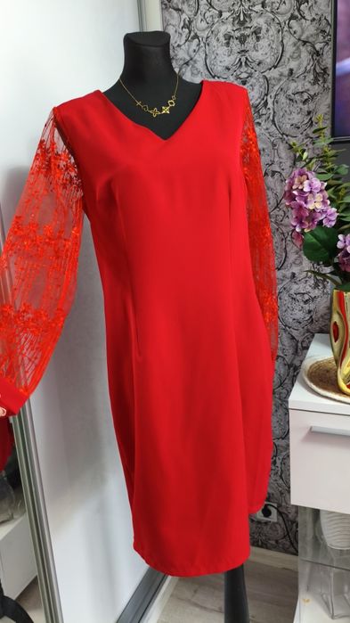 Sukienka elegancka damska midi  koronkowe długie tiulowe rękawy L moon