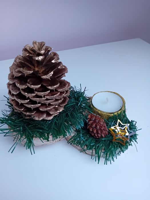 Dekoracja świąteczna na plastrze drewna ze świeczką diy