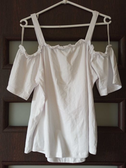 Letnia biała bluzka z krótkim rękawem Hiszpanka 40 L Janina z dziurką