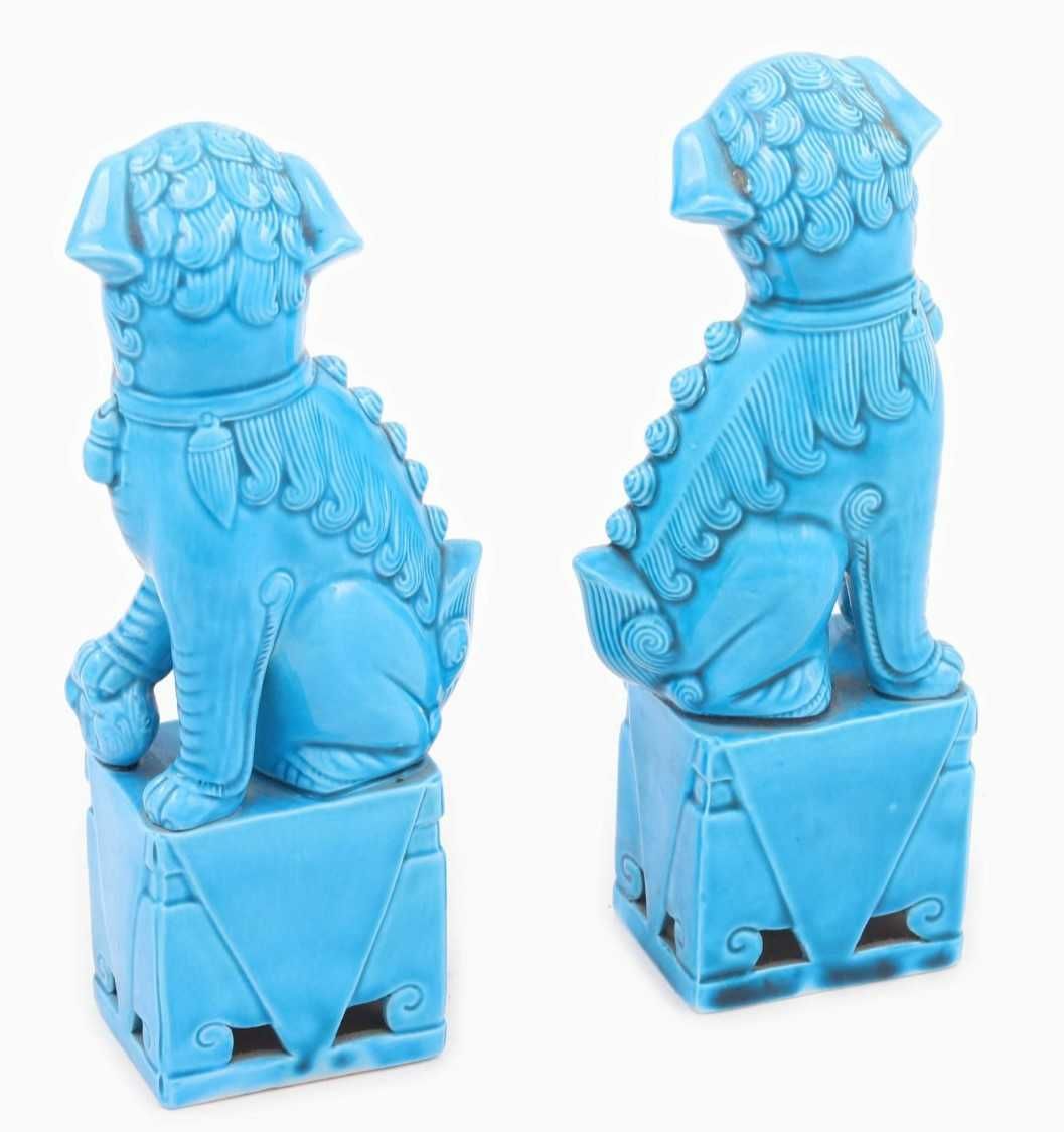 Par de cães de Foo em porcelana da China Azul Turquesa