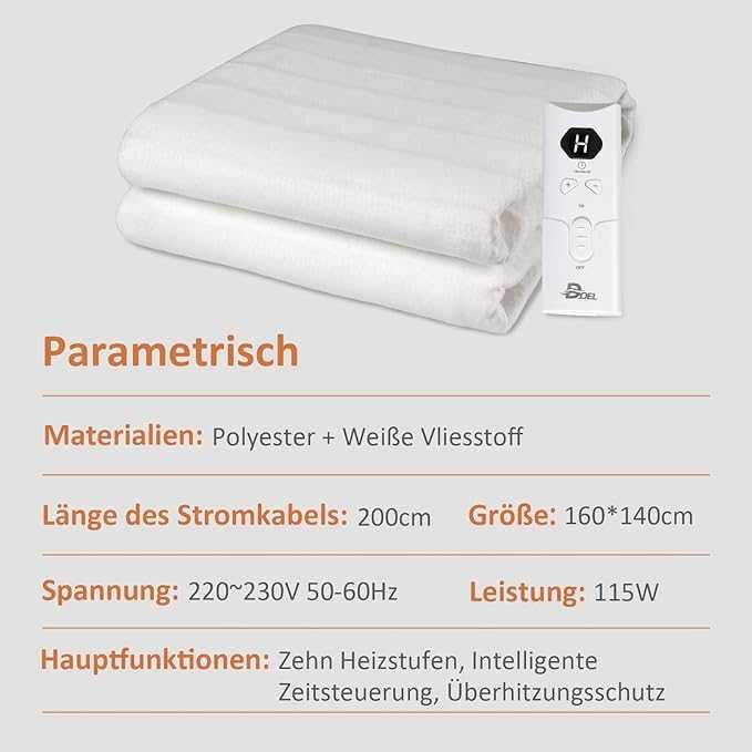 Elektryczna Koc-Mata 160x140 cm,10 Poziomów,Automatyczne Wyłączanie