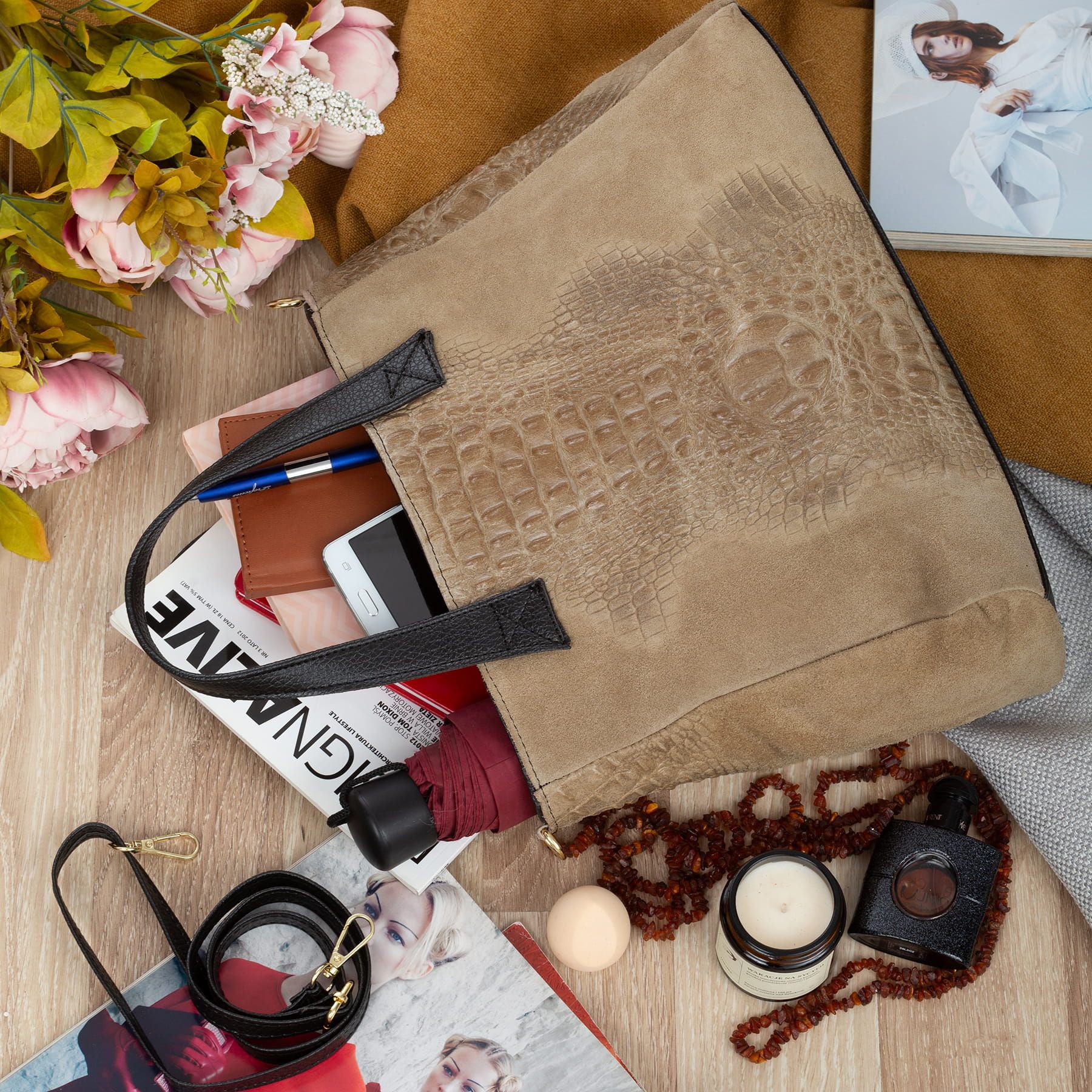 VERA PELLE torebka zamszowa shopper kroko z paskiem V543 c.beżowa