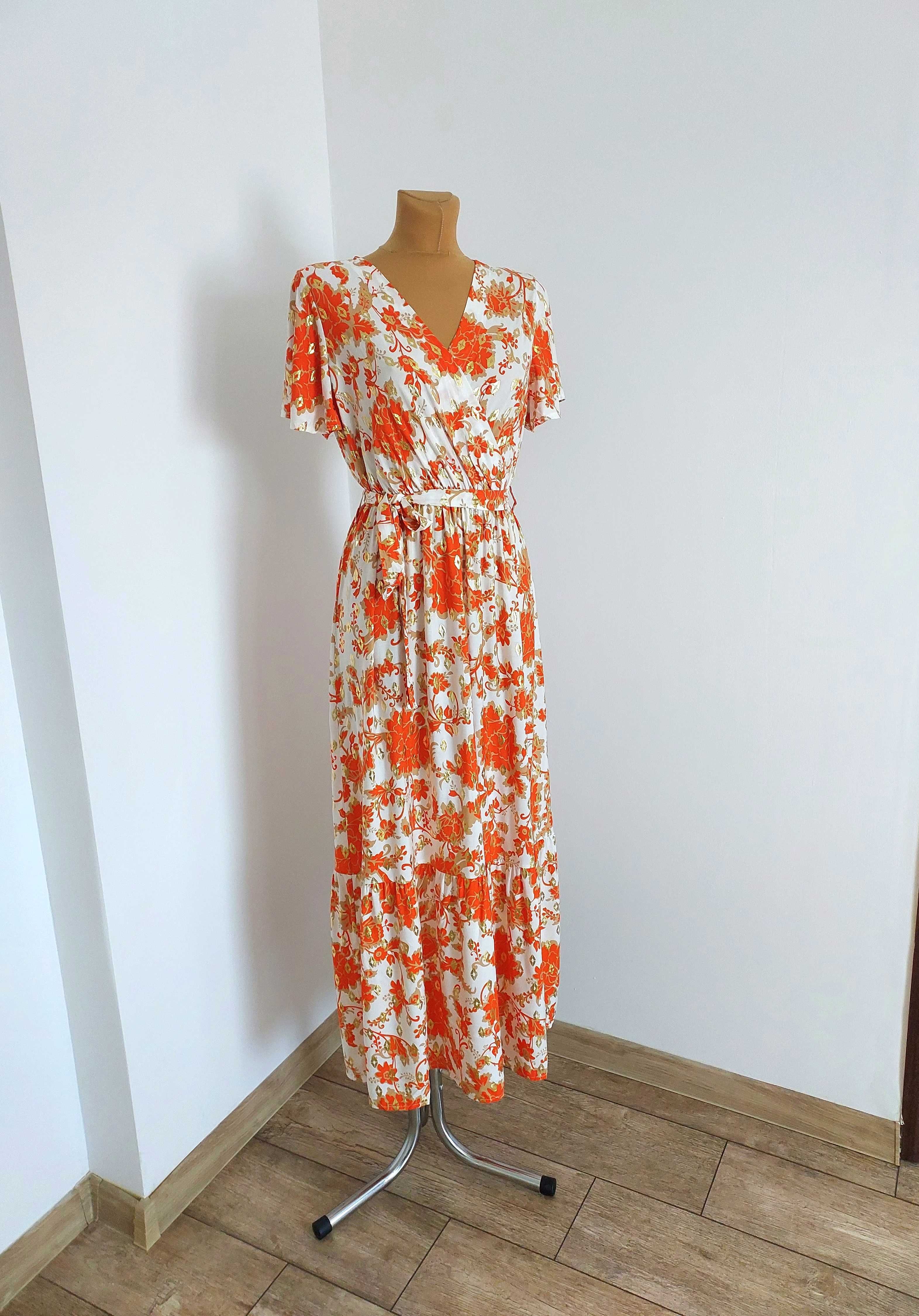 Nowa maxi sukienka z paskiem w pomarańczowe i złote wzory xl/xxl