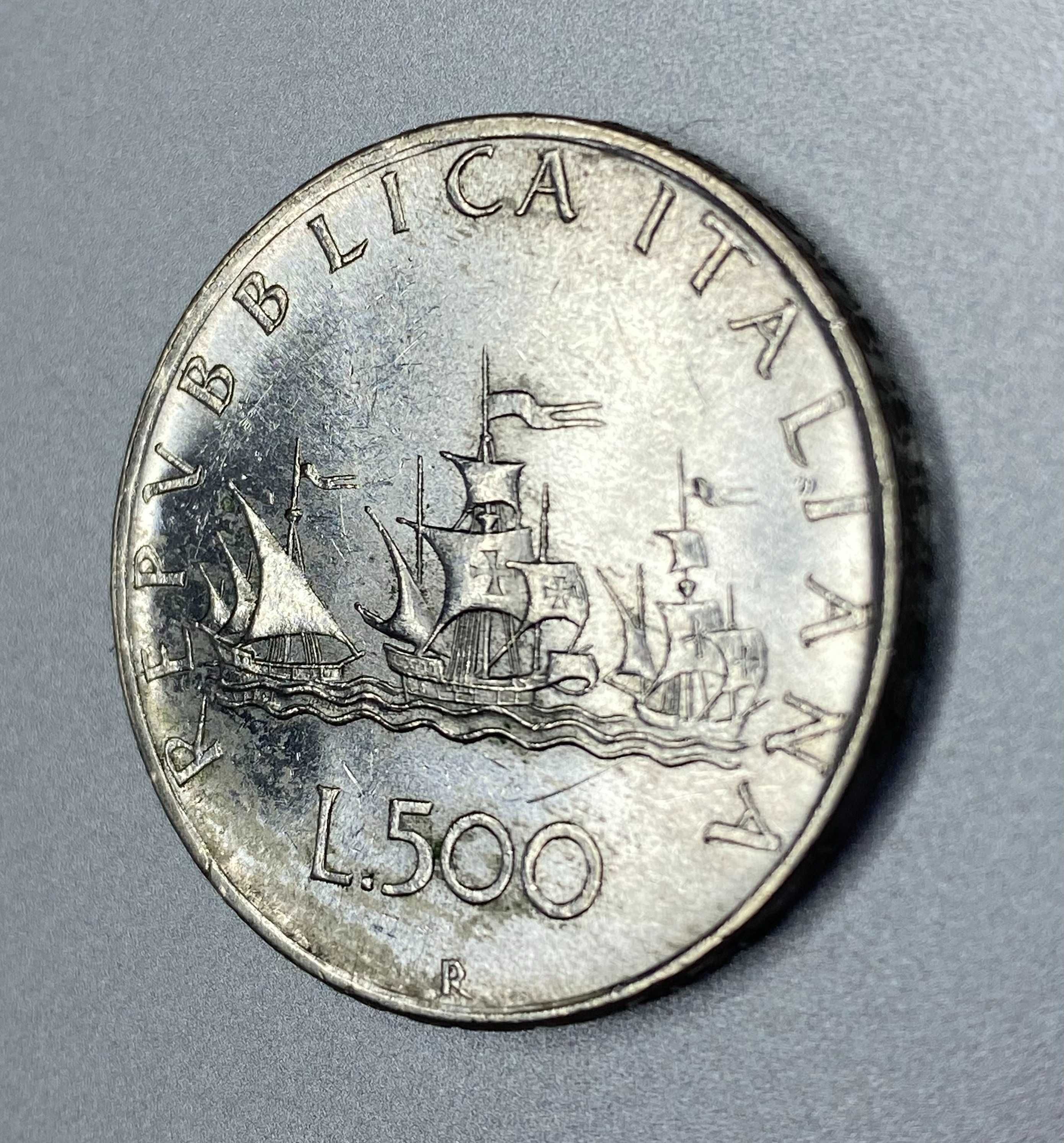 500 лир Италия 1959 Корабли Колумба Серебро Штемпель