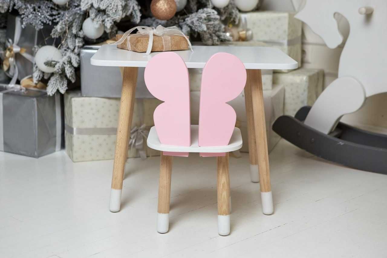 Білий прямокутний столик та стільчик рожевий метелик з білим сидінням