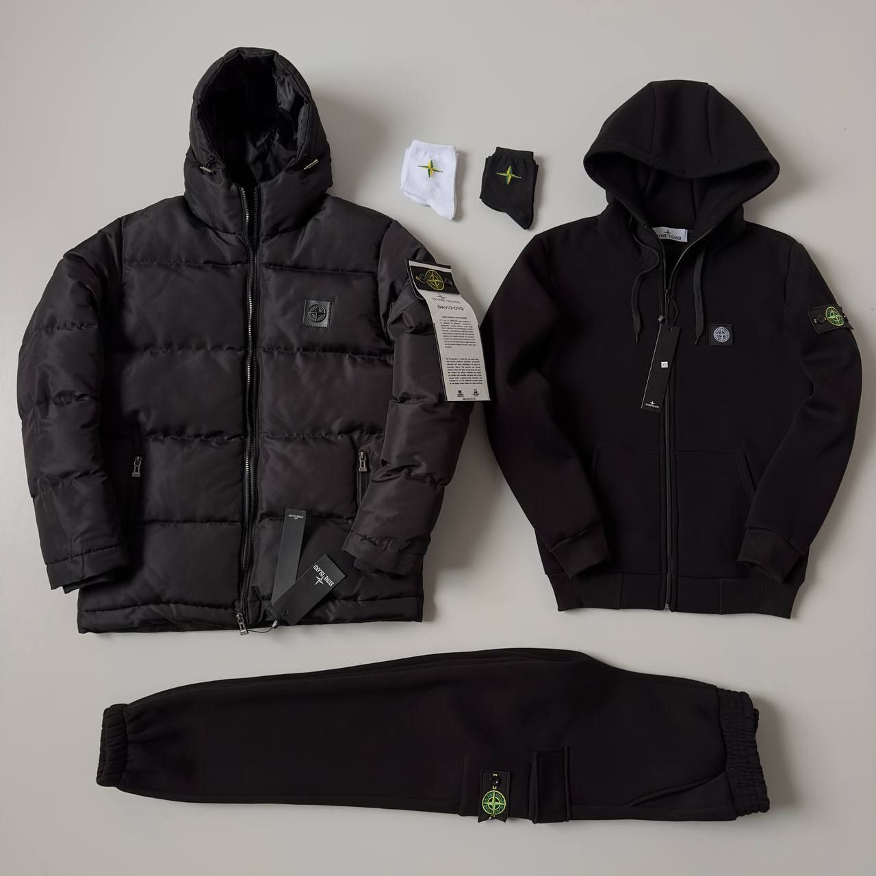 Зимовий комплект чорна куртка унісекс костюм Stone island теплий зима