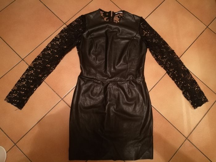 Zara czarna sukienka wieczorowa koktajlowa z koronki I skory