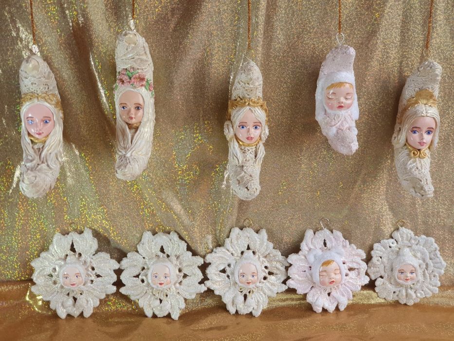 Ялинкові іграшки ручної роботи з обʼємним обличчям, вінтажний стиль