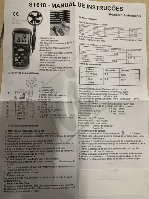 ST618 - Termo-anemómetro Medidor de velocidade do vento