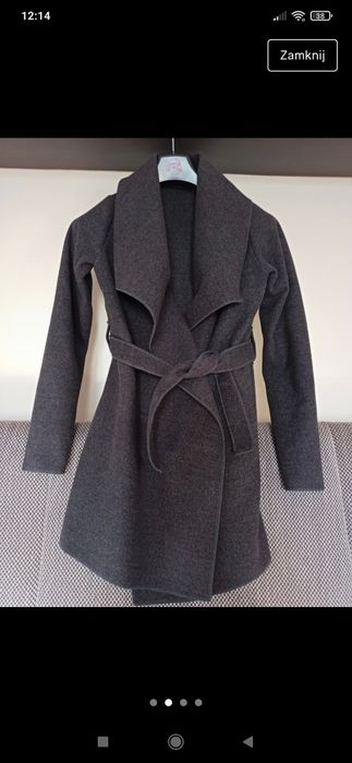 Szary płaszcz dzianinowy XS wiązany w pasie