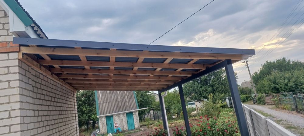 Навесы для авто любой сложности, из металла поликарбоната дерева забор