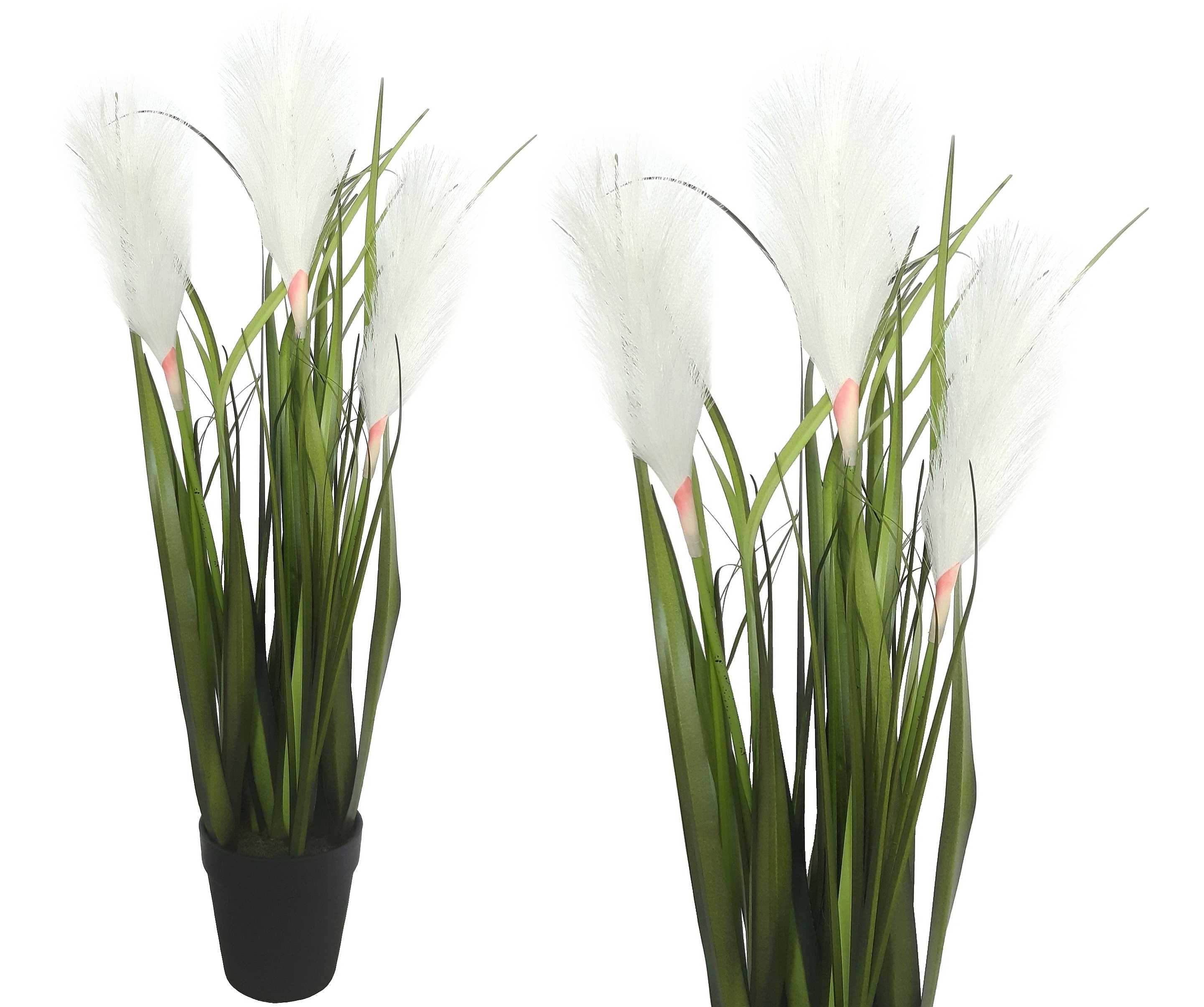 Sztuczna trawa pampasowa w doniczce z białymi kwiatami 55 cm