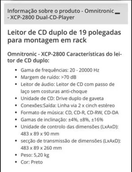 Leitor de CD Omnitronic XCP 2800