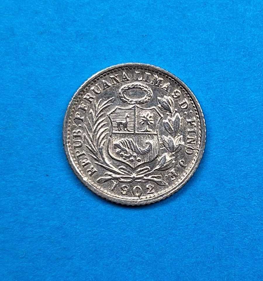 Peru 1/2 dinero rok 1902, bardzo dobry stan, srebro 0,900