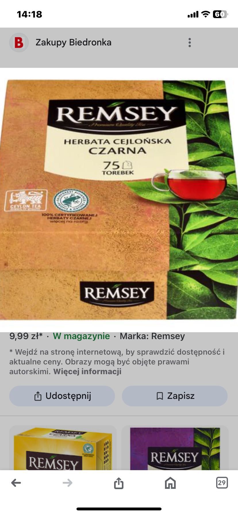 Herbata Remzey dawa smaki Cejlońska ,Czarna i Earl Grey