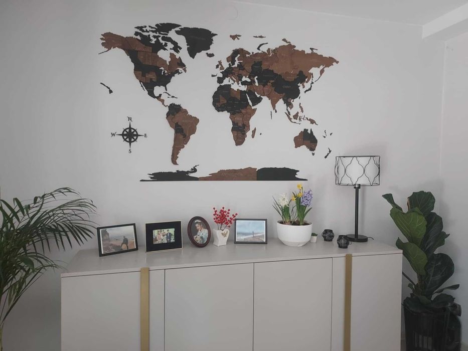 Mapa Świata 3D 210x126cm, czarny i palisander, ozdoba na ścianę