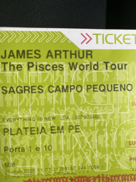 Troca bilhete concerto James Arthur