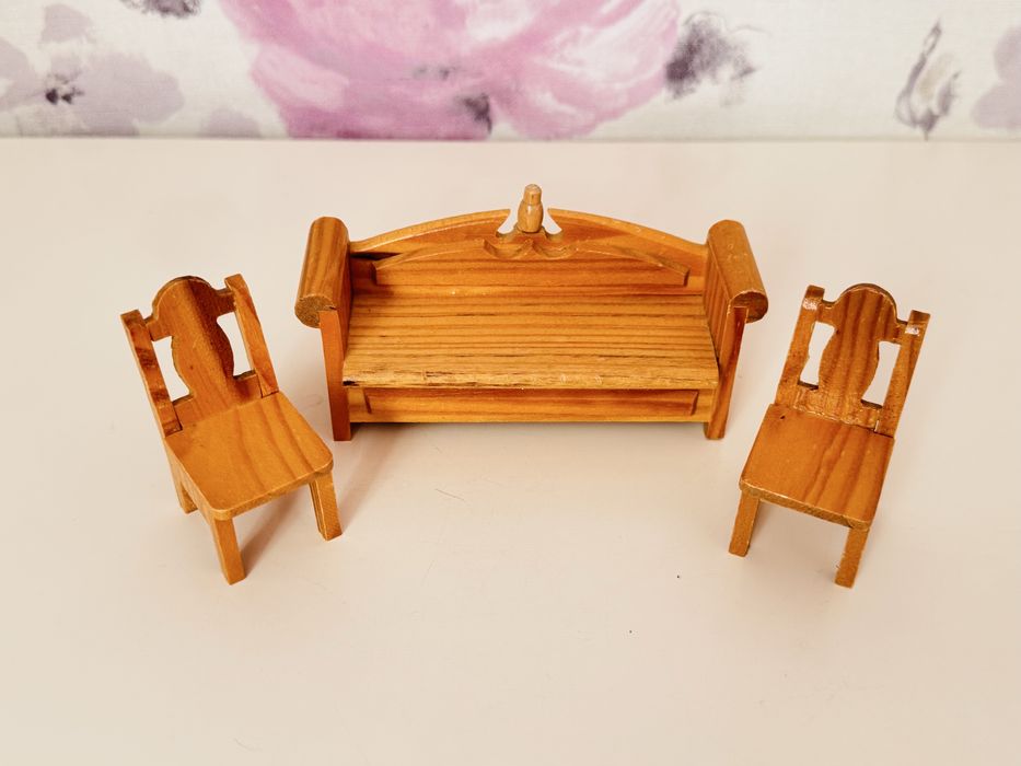 Drewniane mebelki lundby, sofa krzesło, meble do domku dla lalki