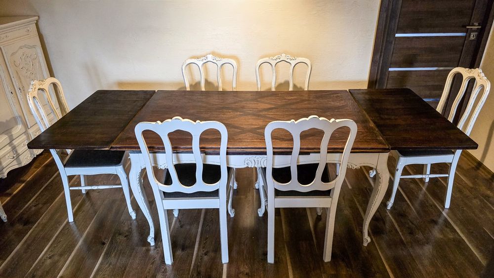 Francuski stół dębowy + 6 krzeseł – oryginalny antyk po stylizacji