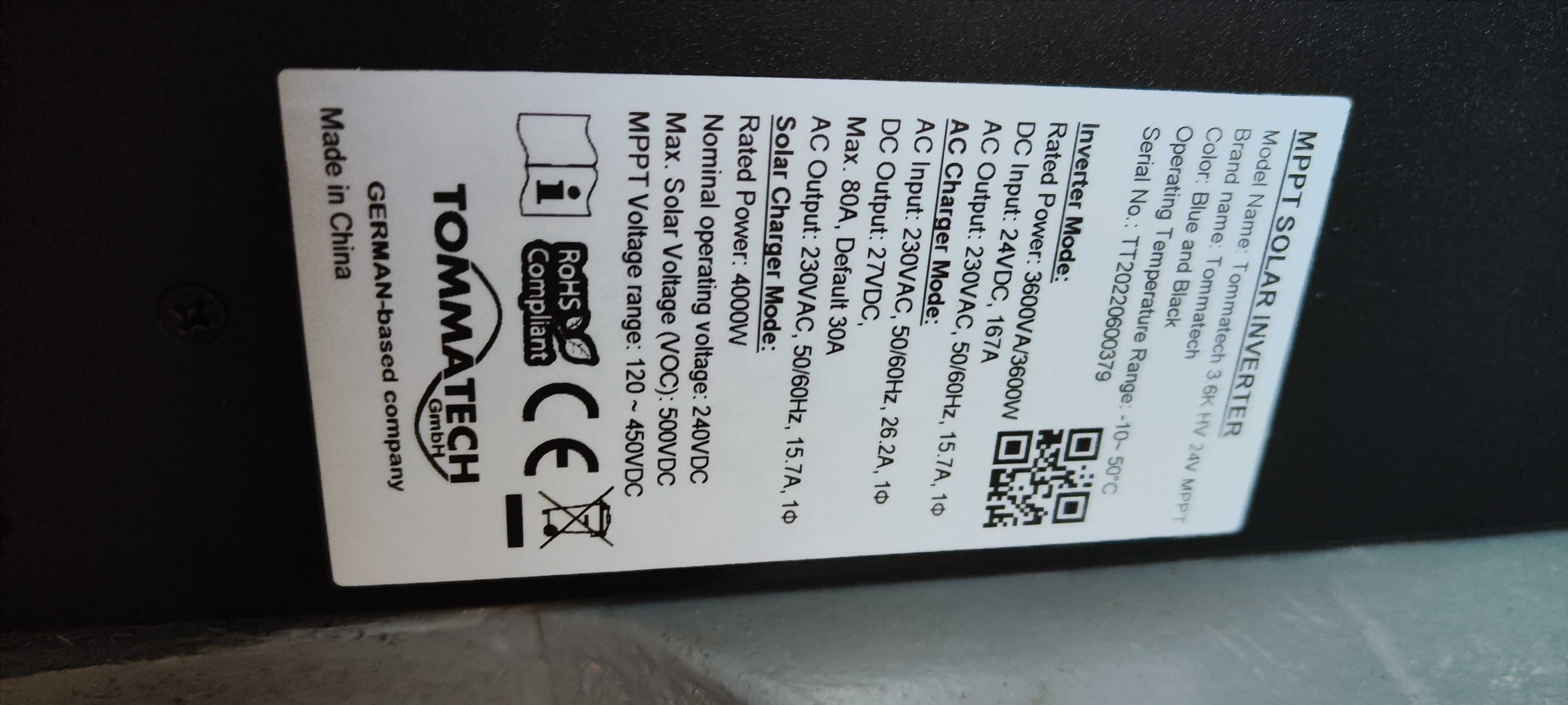 Гибридный Солнечный Инвертор tommatech 3.6 kw hv 24v