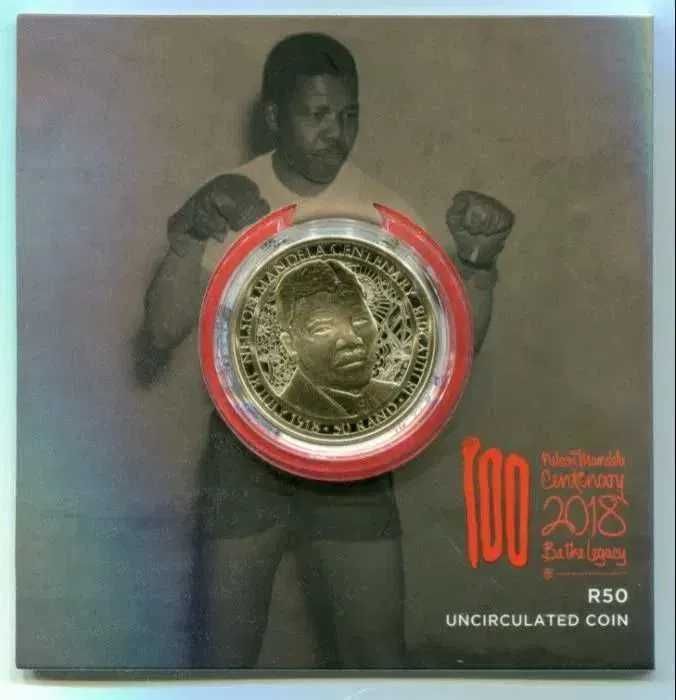 Moeda Centenario Africa do Sul 2018 R50 do Nelson Mandela em estojo