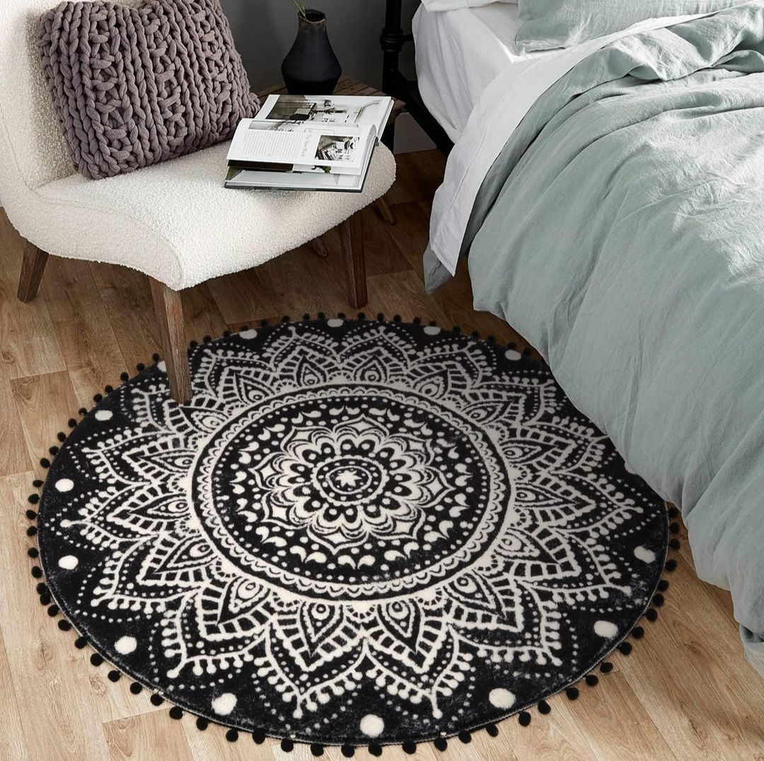 KIMODE Okrągły dywan w stylu boho, 90 cm, antypoślizgowy