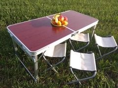 Стіл та стільці для пікніка Folding Table білий, синій та темне дерево