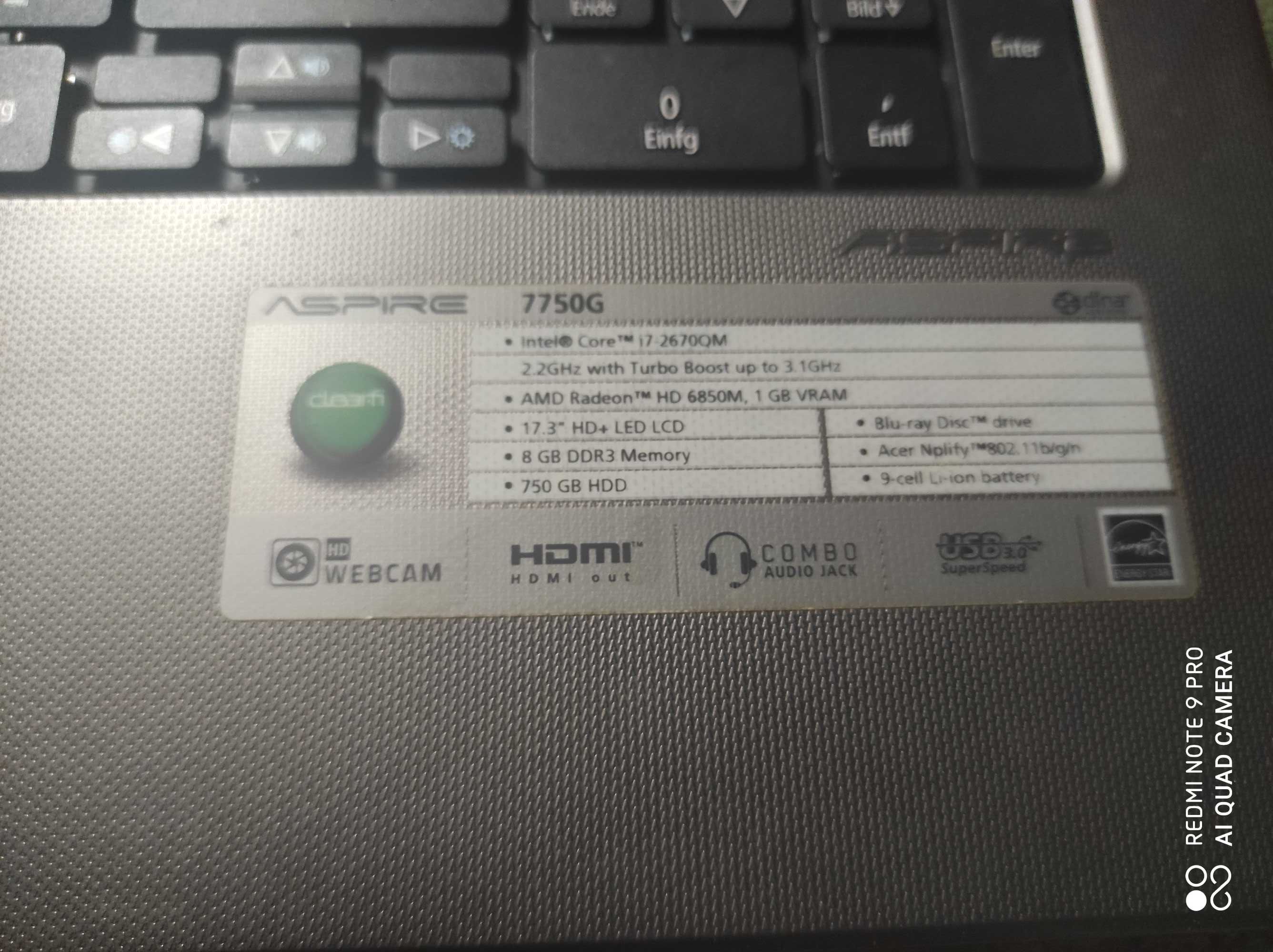 Ноутбук Acer Aspire 7750G| 17.3"| Intel Core i7 - 2670QM |16/SSD 500Gb