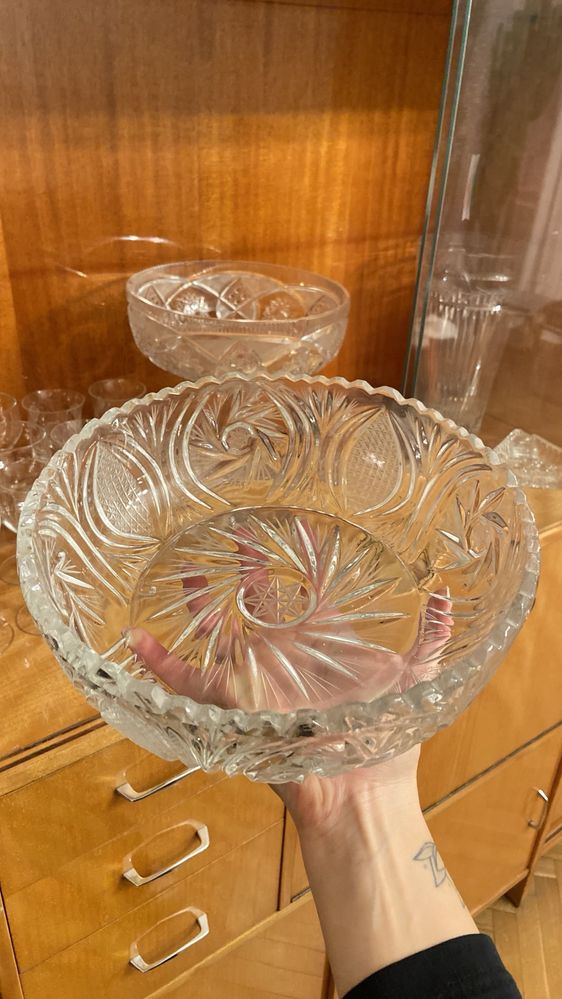 Zestaw szkła kryształów wazon patera miska kieliszki popielniczka PRL