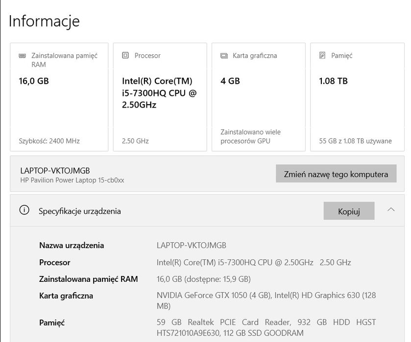 Laptop HP Pavilion 15 cali i5 16GB RAM 128GB SSD 1TB HDD