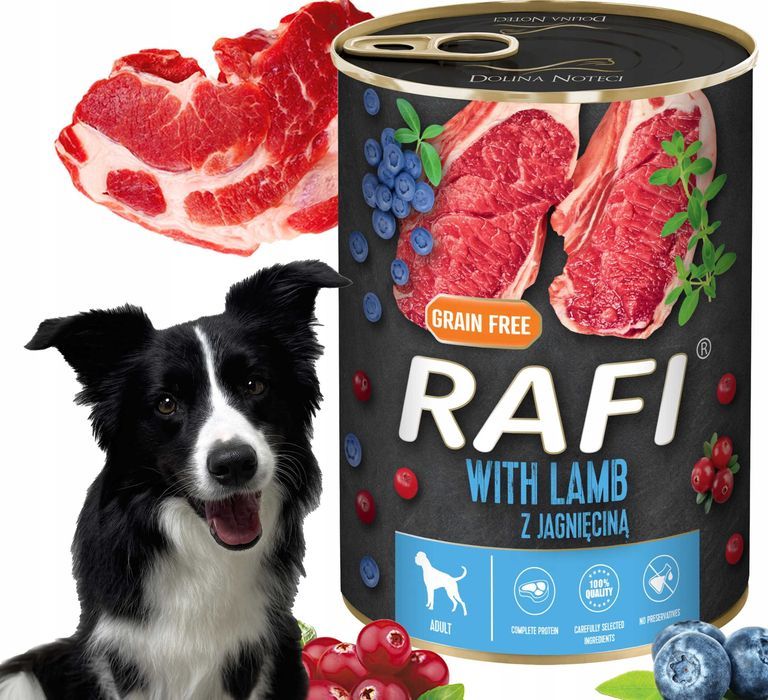 Karma Mokra Dla Psów RAFI z Jagnięciną, Borówką i Żurawiną 400g-48 szt