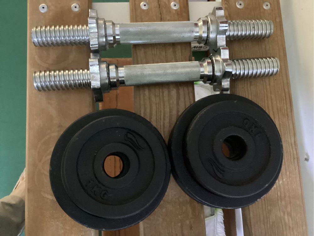 Halteres . Comjunto com 2 barras 4  pesos  de 2 kg e 4 pesos de 1 kg