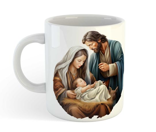 Bożonarodzeniowy Biały Kubek z Piękną Grafiką Świętej Rodziny, Święta