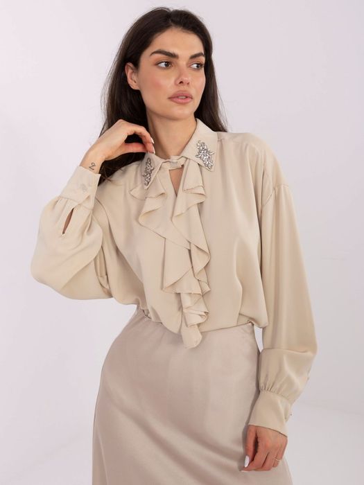 Bluzka elegancka beżowa z żabotem i ozdobnym kołnierzem