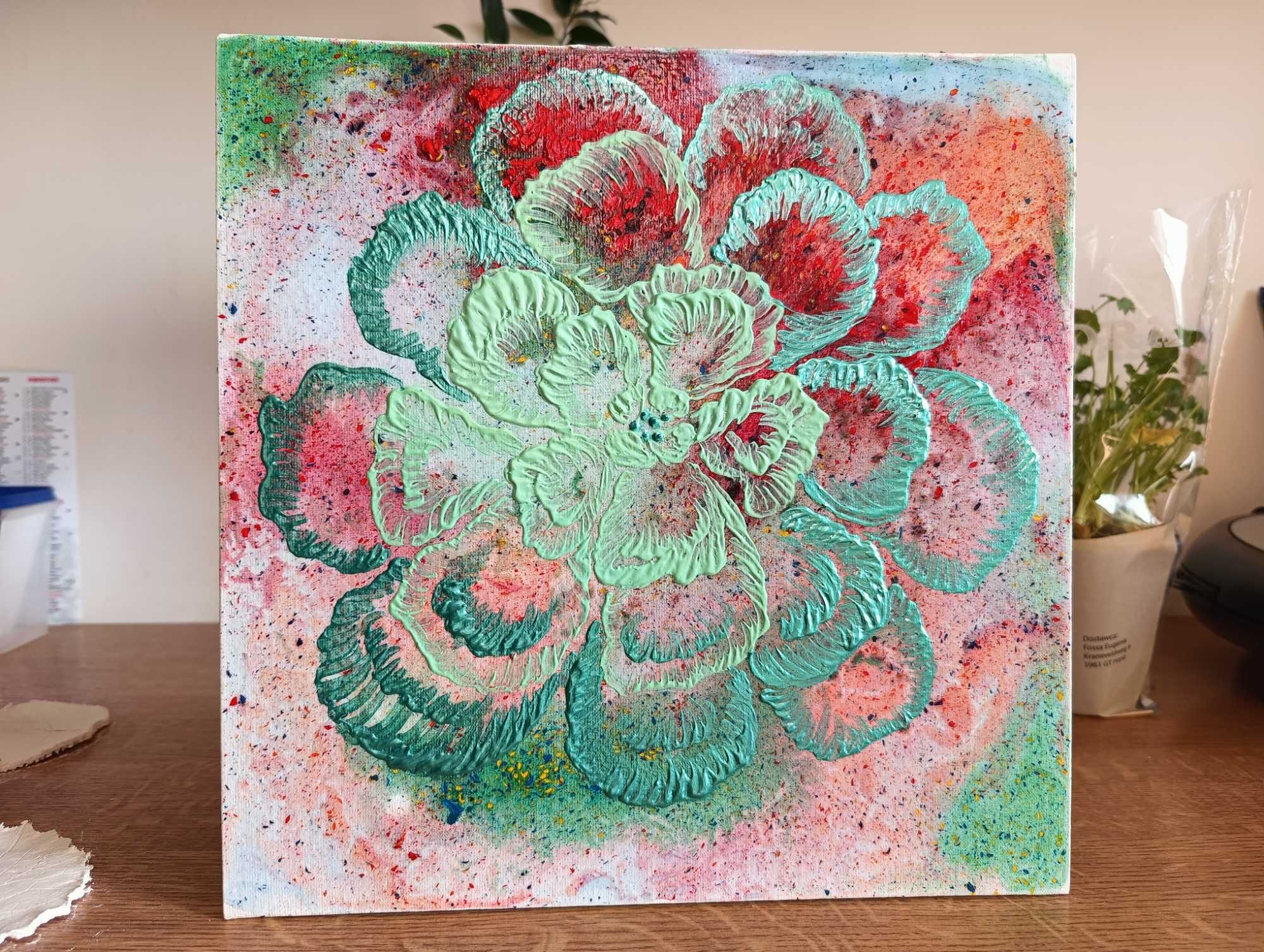 Obrazek Kwiat 30×30 cm, 100%bawełna na kartonie, akryl+3d paints