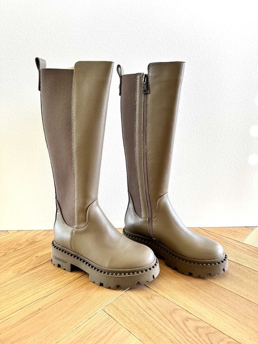 NOWE! Kozaki na grubej podeszwie CheBello 4211 beżowe, skóra naturalna