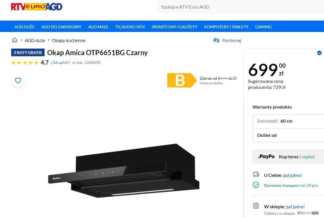 Okap Amica OTP6651BG  nowy w kartonie za 75% wartości sklepowej