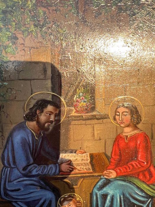 Piękny stary obraz -Swięta Rodzina , olej na blasze, złota rama, XIXw.