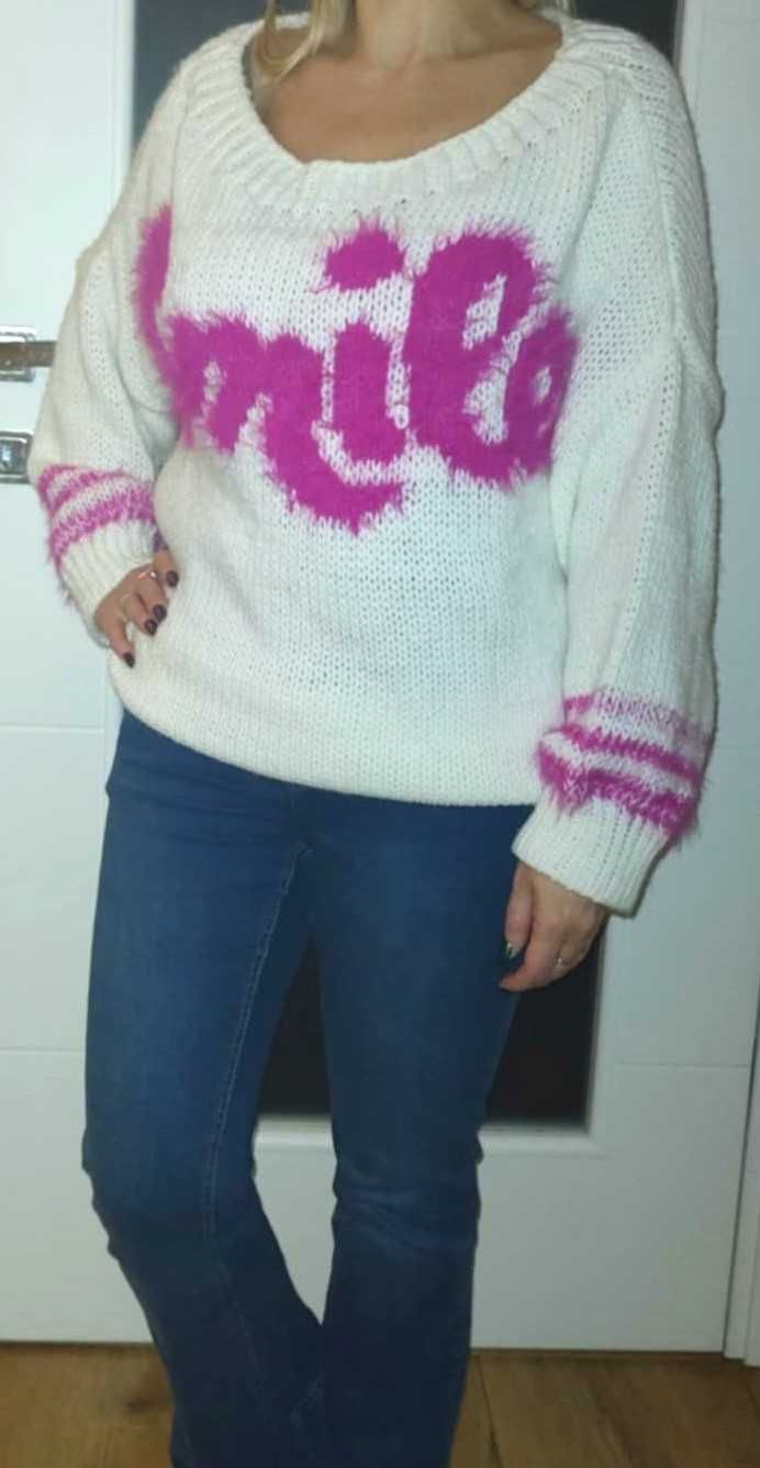 sweter biały z wełną 42/44 /róż napis/M*Nouu oversize XL/XXL