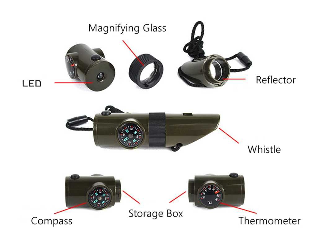 7 в 1 свисток для виживання: компас, лупа, фонарик, свисток..
