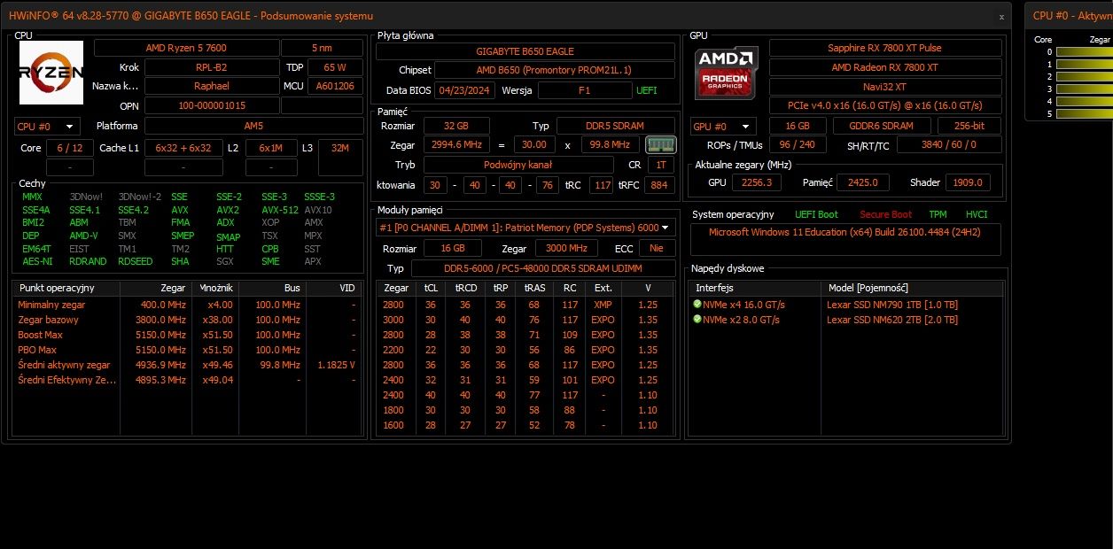 Komputer do grania Ryzen 5 7600 Radeon RX 7800XT 32GB Ram DDR5 6000