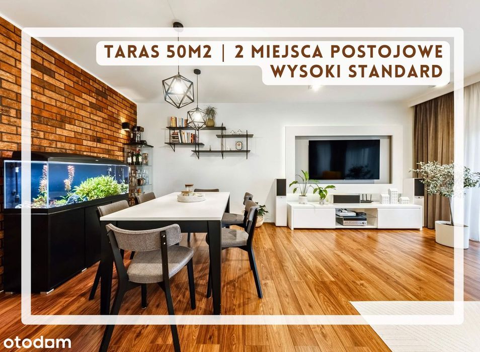 Widok przestrzeń i taras 50m² jak drugi salon. Miejsce bez kompromisów