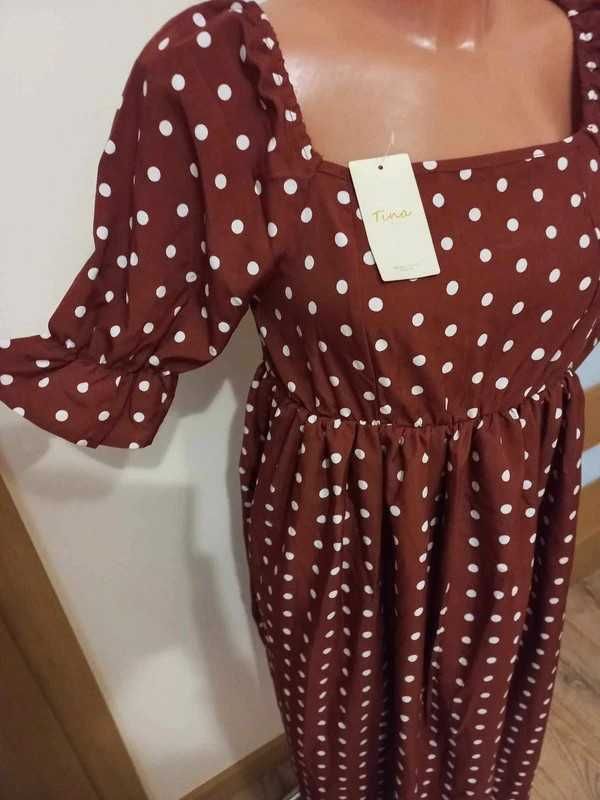 Sukienka brązowa w grochy, boho midi S/36 M/38