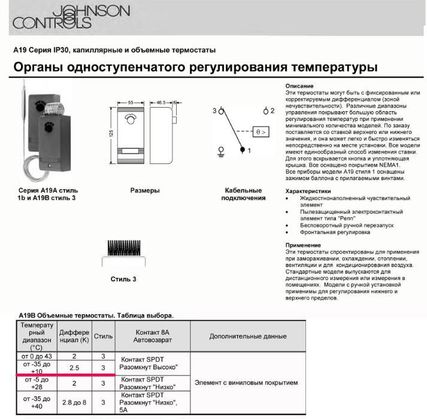 Термостат Johnson controls A19BRC-9252