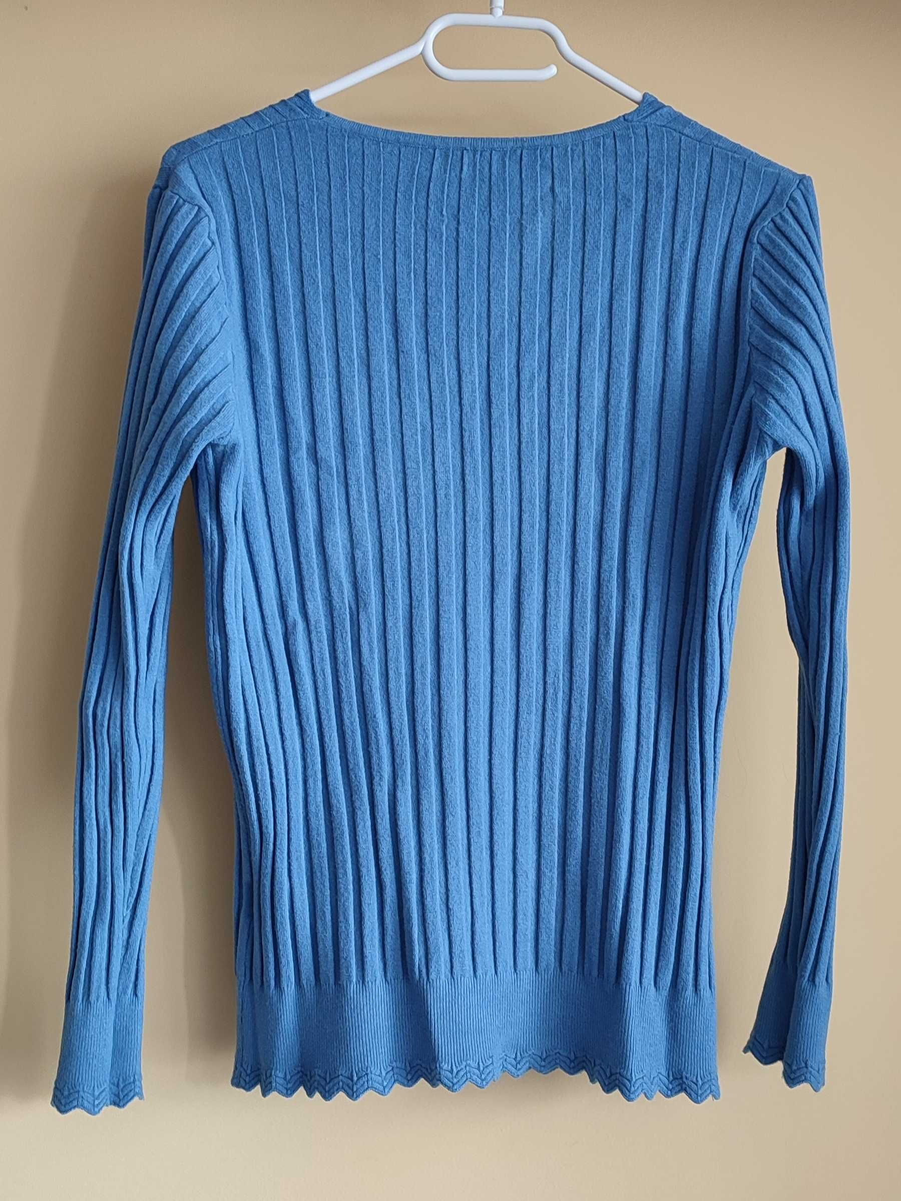 Sweter damski niebieski Kinga XL prążkowany wełna wiskoza kaszmir