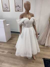 Nowa krótka suknia ślubna midi hiszpanka brokatowa tiulowa gorsetowa
