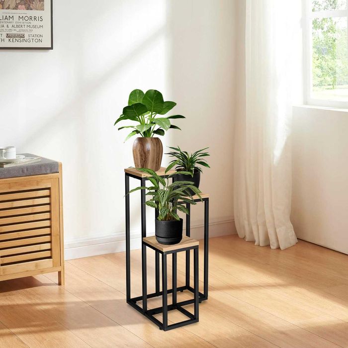 NOWY Kwietnik Metalowy Loft Stojak Na Kwiaty Czarny Drewniany OKAZJA